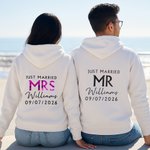 Personalised Just Married Mrs Mr Multicolour 100% Cotton Zip Up Hoodie with Name Wedding Bridal Shower Honeymoon Gift for Bride Groom Couple