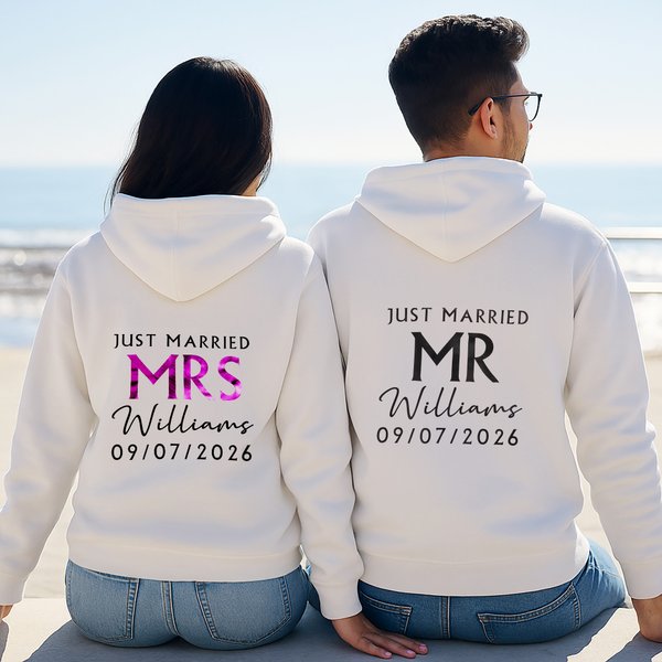 Personalised Just Married Mrs Mr Multicolour 100% Cotton Zip Up Hoodie with Name Wedding Bridal Shower Honeymoon Gift for Bride Groom Couple