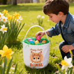 Personalized Leopard Print Rabbit Large Capacity Canvas Easter Basket with Name Eggs Hunting Party Easter Day Gift for Kids