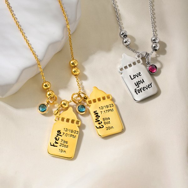 Personalized Baby Birth Stats 1-3 Baby Bottle Necklace with Engraved Text and Birthstone Birth Announcement Baby Shower Gift for Kid New Mom