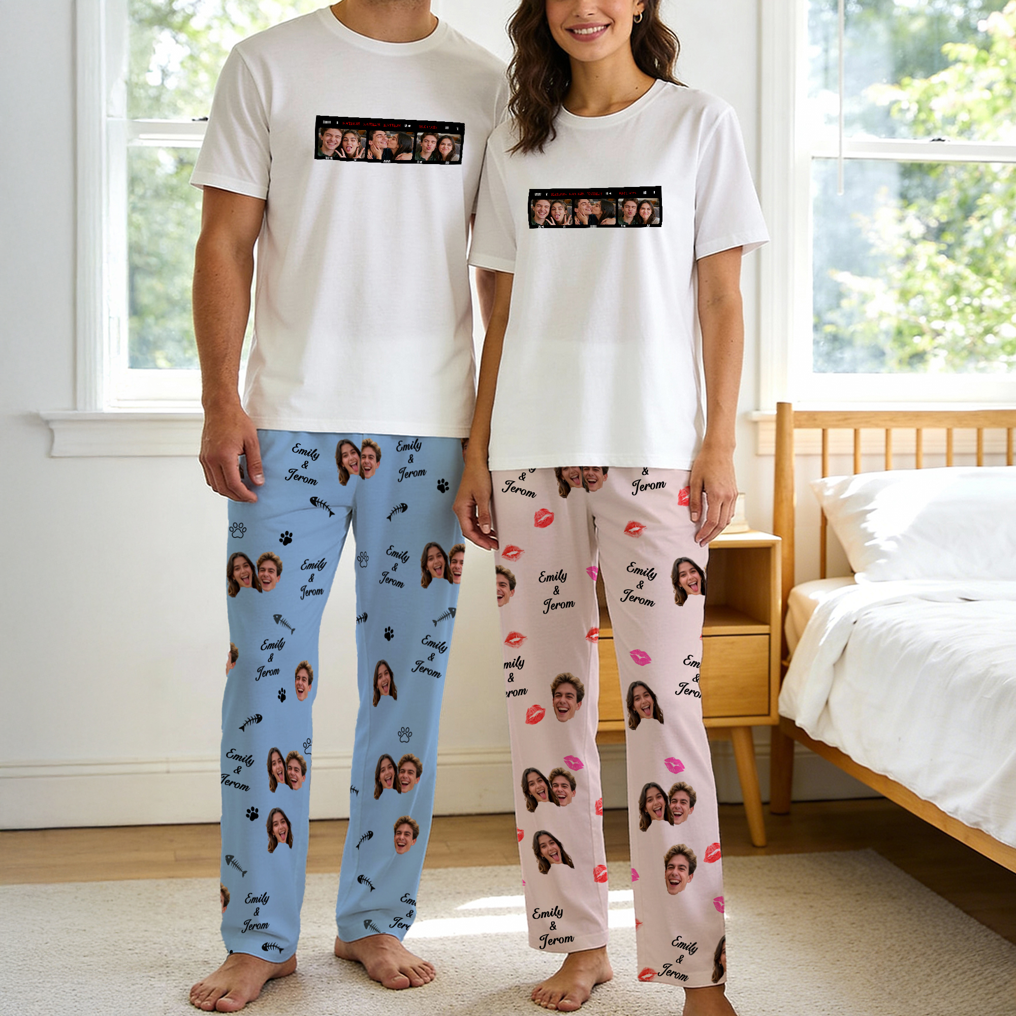 Personalisiertes Pyjama-Set mit Bilderrahmen Gesichtsfotos Namen Datum für Alltag Valentinstag Jahrestag Geburtstag Geschenk für Erwachsene Ehepaar
