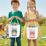 Personalized Leopard Print Rabbit Large Capacity Canvas Easter Basket with Name Eggs Hunting Party Easter Day Gift for Kids