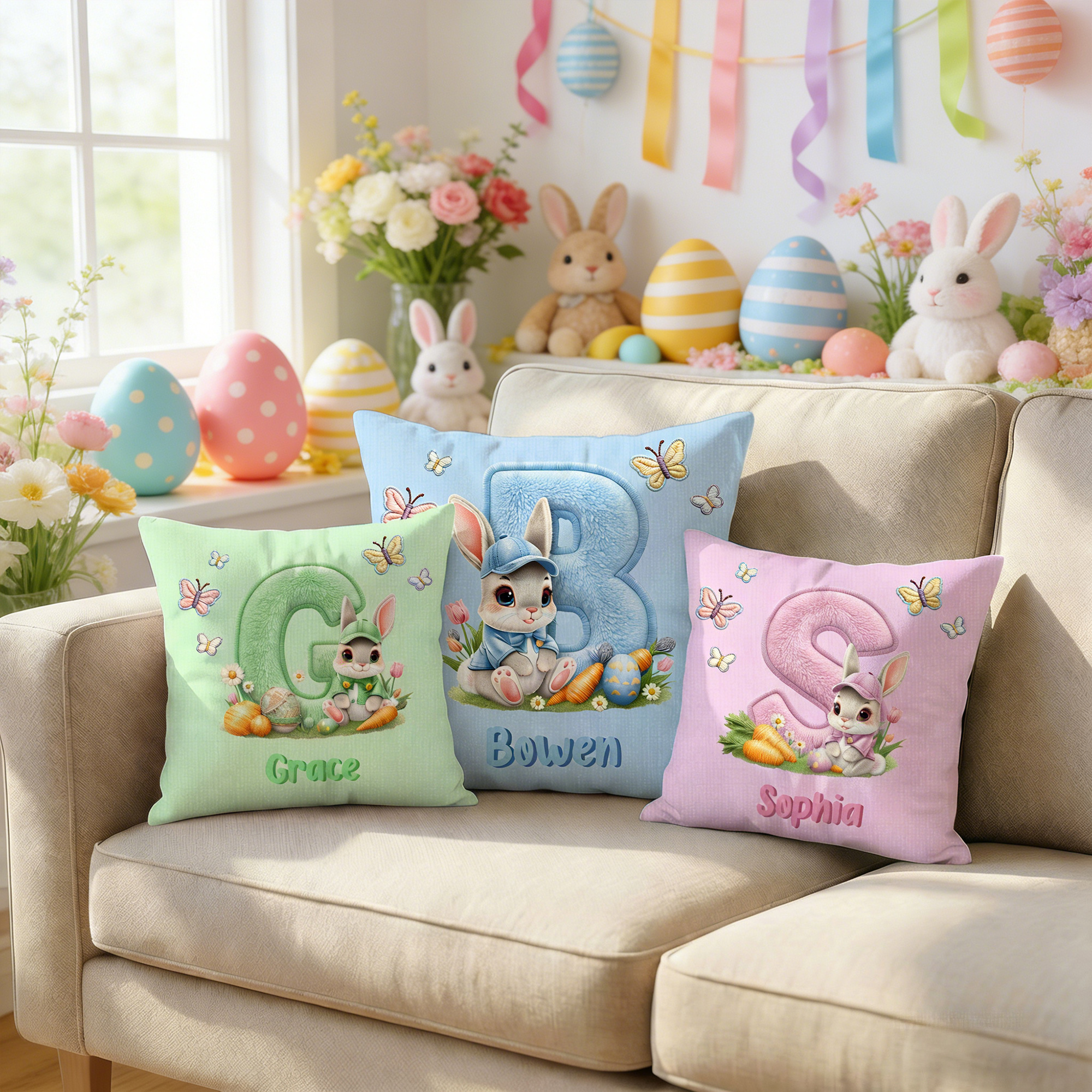 Personalisierte niedliche Hase Schmetterling Multicolor werfen Kissenbezug mit Namen Home Decor Ostern Party Geschenk für Kinder