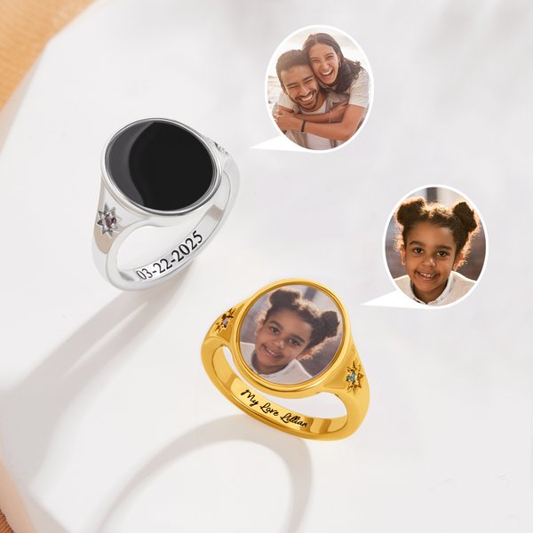 Gepersonaliseerde Sterling Zilver Ring met Verborgen Warmtefoto Twee Geboortestenen en Tekst Verjaardag- of Jubileumcadeau voor Dames