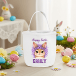 Cesta de Pascua de lona personalizada con conejo estampado de leopardo de gran capacidad con nombre Huevos de caza Fiesta de Pascua Regalo para el día de Pascua para niños