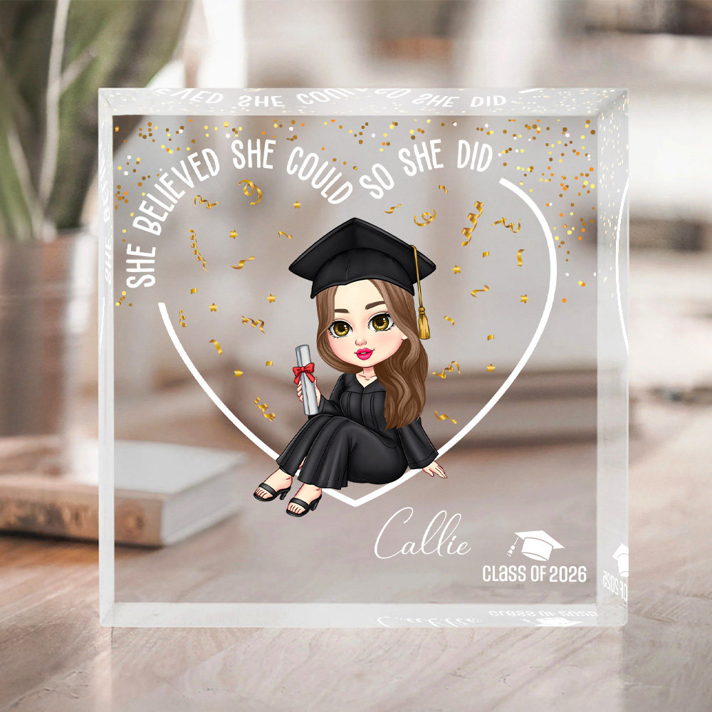 Personalisierte Cartoon Graduation Herz Quadratische Acrylplakette mit Namen Tisch Deko Geburtstag Graduierung Geschenk für Absolventen