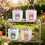 Personalized Leopard Print Rabbit Large Capacity Canvas Easter Basket with Name Eggs Hunting Party Easter Day Gift for Kids