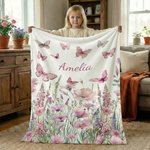 Personalised Pink Wildflower Butterfly Soft Throw Baby Blanket with Name Home Decor Birthday Gift for Girls