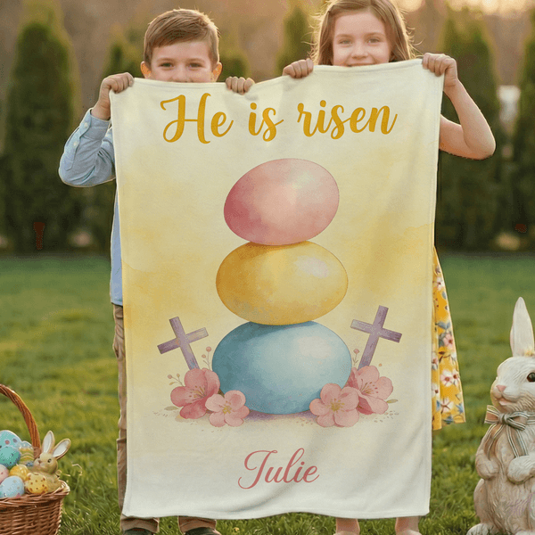 Personalised He Is Risen Cross Sheep Soft Throw Blanket with Name Home Decor Egg Hunting Easter Gift for Kids