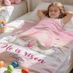 Personalizzato He Is Risen Cross Sheep Soft Throw Blanket con nome Home Decor Egg Hunting Easter Gift per bambini