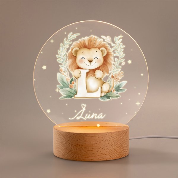 Luce notturna a LED con nome e base in legno a tema forestale personalizzata per animali del bosco, regalo di compleanno per bambino e doccia per bambini.