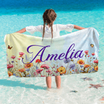 Toalla de playa de microfibra personalizada con nombre Flor de acuarela Secado rápido Fiesta en la playa Regalo de vacaciones para la familia Amigos