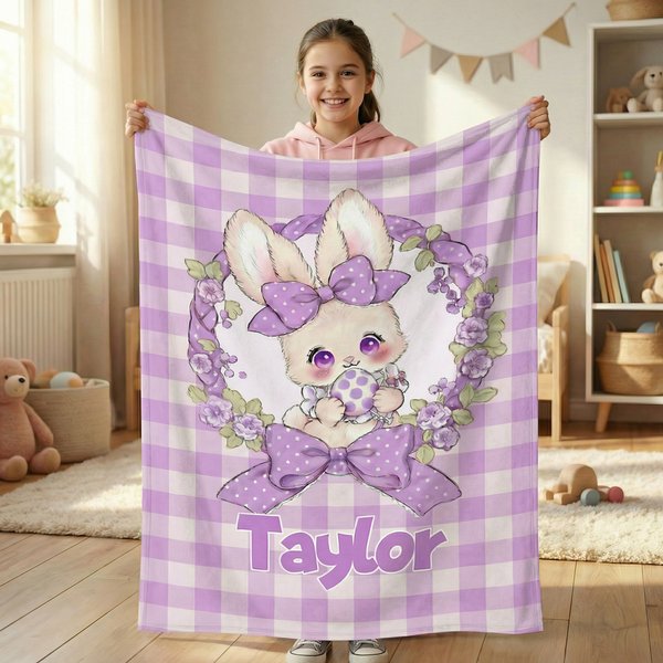 Personalizzato Multicolore Plaid Cute Polka-Dot Bow Bunny Coperta morbida con nome Home Decor Regalo di Pasqua per bambini