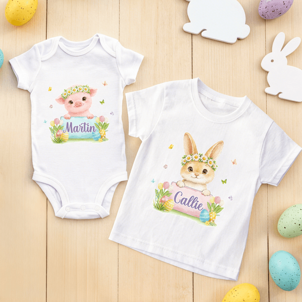 Personalised Flower Circle Cartoon Easter Bunny 100% Cotton Bodysuit Kid's T-shirt with Name Baby Shower First Easter Gift for Baby Kid