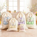Personalized Floral Easter Bunny Egg Drawstring Canvas Treat Bag with Name Easter Egg Hunt Party Gift for Kids