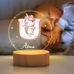 Luce notturna a LED con nome e base in legno a tema forestale personalizzata per animali del bosco, regalo di compleanno per bambino e doccia per bambini.