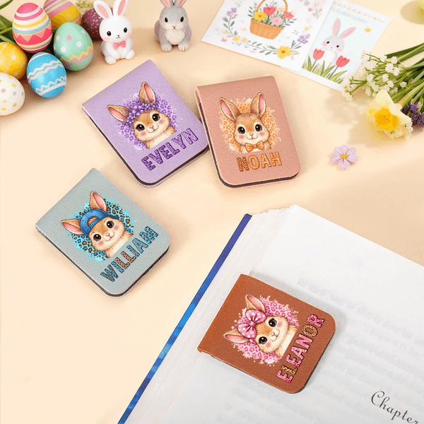 Personalisierte Leopard Cartoon Kaninchen Multicolor Magnetische PU Leder Lesezeichen Clip mit Namen Geburtstag Ostern Geschenk für Kinder Bücherwürmer