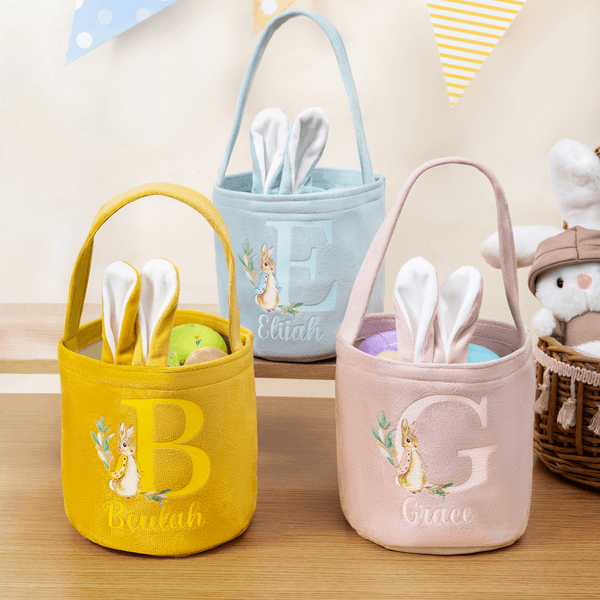 Personalisierter niedlicher Peter Hase Osterkorb mit Hasenohren Schwanz Namen und Initiale Ostern Party Geschenk für Kinder