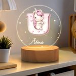 Luce notturna a LED con nome e base in legno a tema forestale personalizzata per animali del bosco, regalo di compleanno per bambino e doccia per bambini.