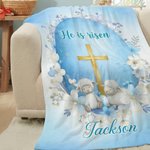 Personalizzato He Is Risen Cross Sheep Soft Throw Blanket con nome Home Decor Egg Hunting Easter Gift per bambini