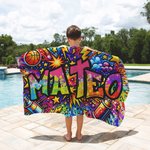 Toalla de playa personalizada de secado rápido con graffiti de estrella de deporte y nombre regalo de fiesta y cumpleaños para niños y familia