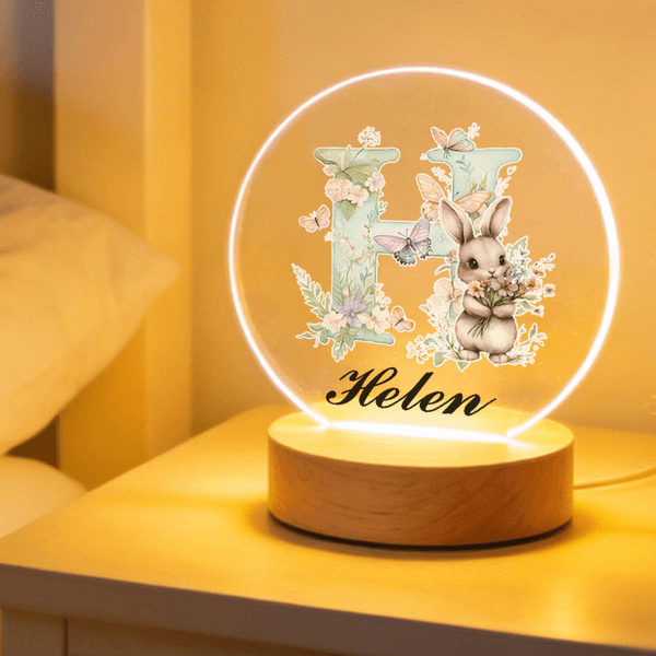 Luz nocturna LED personalizada con nombre y base de madera Flor Conejo Inicial Decoración de habitación Cumpleaños Pascua Fiesta Regalo para niños