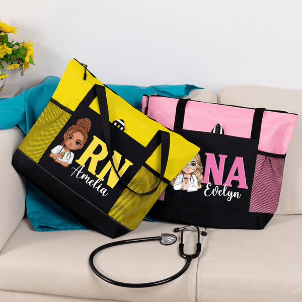 Personalized Cartoon Doctor Nurse Character Large Capacity Oxford Tote Bag with Name and Mesh Pockets Appreciation Nurse Week Gift for Medical Staff