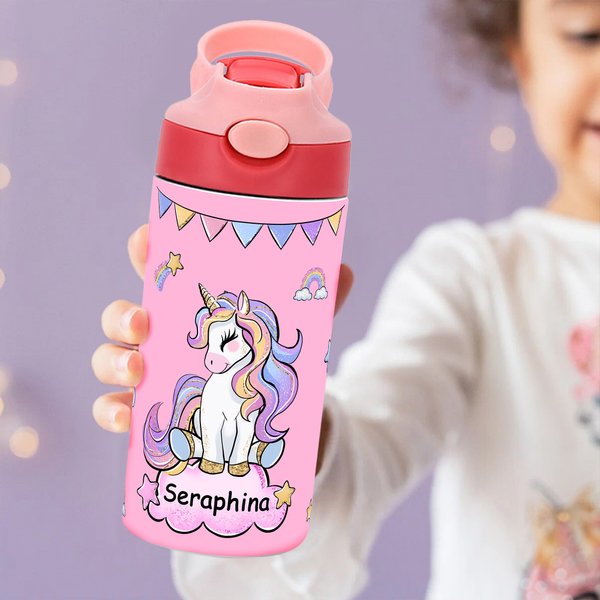 Personalized Fantasy Unicorn Rainbow Star 12 oz Insulated Water Bottle with Name and Silicone Straw Daily Use Birthday Back to School Gift for Girls