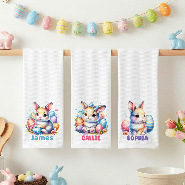 Gepersonaliseerde Schattige Bunny Super Absorberende Wafel Theedoek met Naam Keuken Decoratie Paasgeschenk voor Jongens Meisjes