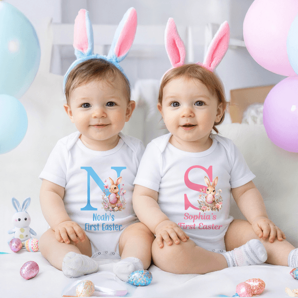 Personalised Easter Bunny Initial 100% Cotton Baby Bodysuit with Name Easter Party Gift for Kids Boys Girls