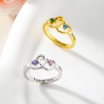 Personalized Interlocking 2 Heart Birthstone Sterling Silver Ring with Text and Name Valentine's Day Birthday Anniversary Gift for Girlfriend Woman