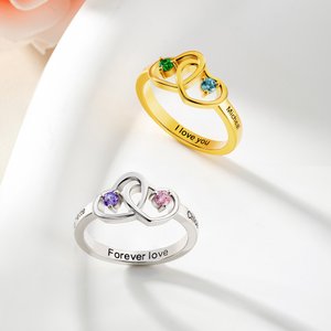 Personlig Interlocking 2 Heart Birthstone Sterling Silver Ring med tekst og navn Valentinsdag Bursdag Jubileumsgave til kjæreste Kvinne