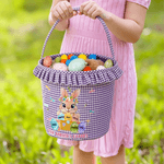 Cesta de Pascua de tela escocesa de conejo con corona personalizada con 3-7 nombres y volantes Huevos Fiesta de caza Regalo de Pascua para niños