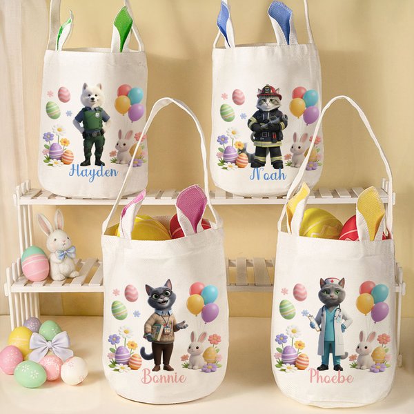 Gepersonaliseerde huisdieren beroepen cartoon afbeeldingen herbruikbare paasmand met huisdier gezicht en naam eier jacht accessoires paasgeschenk voor huisdier liefhebber