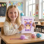 Spersonalizowany Happy Easter Cute Rabbit Leopard Print A5 Spiral Notebook and Pom Puff Pen Set with Lined Pages and Name Easter Gift for Kids