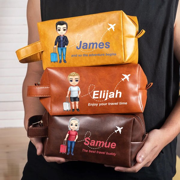 Trousse de toilette personnalisée en cuir PU avec nom et texte Accessoires de voyage Cadeau d'anniversaire pour homme père
