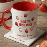 Spersonalizowany kubek ceramiczny I Love You Berry Much Strawberry Design 11 oz 15 oz z imieniem i podkładką Walentynkowy prezent urodzinowy dla pary
