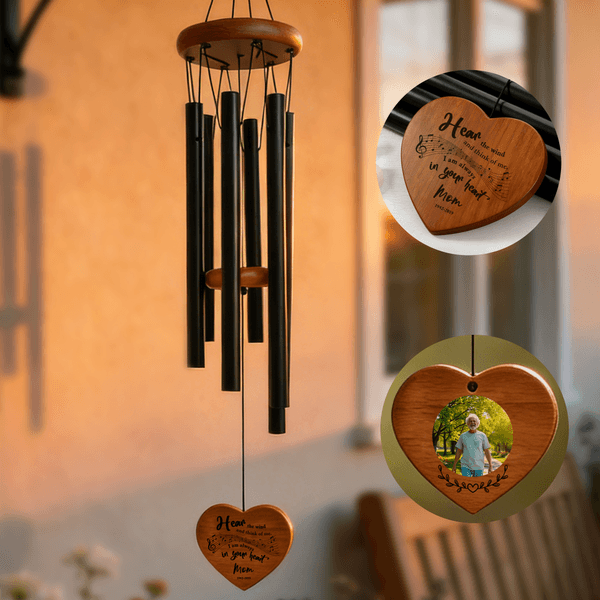Personalized Photo Heart Wooden Wind Chimes with Text and Date Memorial Ornament Sympathy Gift for Loss of Dad Mom