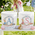 Henkilökohtainen Bow Flower Cartoon Rabbit pääsiäiskori nimellä ja Initial Päivittäinen käyttö pääsiäislahja pojille tytöille