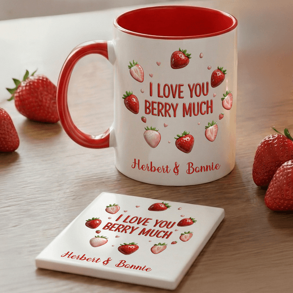 Personalized I Love You Berry Much Strawberry Design 11 oz 15 oz Ceramic Mug with Name and Coaster Valentine's Day Birthday Gift for Couple