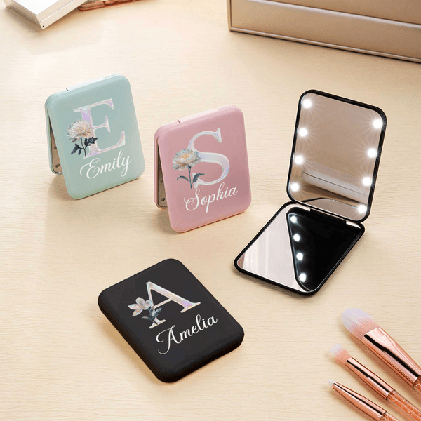 Personalized Birth Flower Pearl Effect LED Folding Makeup Mirror with Name and Initial Travel Birthday Gift for Makeup Artists Friends