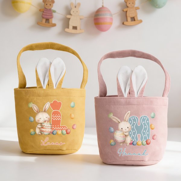 Panier d'œufs personnalisé avec nom initiale et motif de lapin - Cadeau de fête Pâques pour les enfants