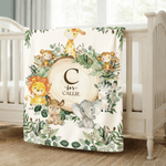 Couverture douce personnalisée avec motif d'animaux mignons de la jungle initiale et nom - Cadeau d'anniversaire pour enfants