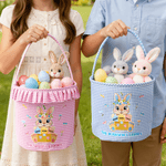 Cesta de Pascua de tela escocesa de conejo con corona personalizada con 3-7 nombres y volantes Huevos Fiesta de caza Regalo de Pascua para niños