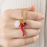 Personalizado Cornicello Lucky Horn Charm Chili Pepper Collar con piedra de nacimiento y la inicial Aniversario Cumpleaños Regalo para mujeres italianas Hombres