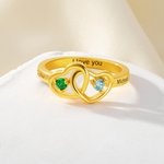 Personalized Interlocking 2 Heart Birthstone Sterling Silver Ring with Text and Name Valentine's Day Birthday Anniversary Gift for Girlfriend Woman