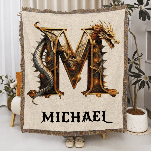 Couverture à pompons personnalisée avec nom et initiales du dragon Cadeau d'anniversaire pour les amoureux du dragon