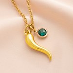 Personalizado Cornicello Lucky Horn Charm Chili Pepper Collar con piedra de nacimiento y la inicial Aniversario Cumpleaños Regalo para mujeres italianas Hombres