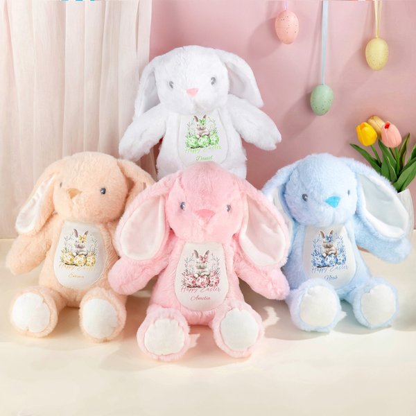 Personalised Watercolour Floral Rabbit Plush Easter Bunny Stuffed Toy with Name Party Basket Filler Easter Gift for Newborns Kids