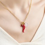 Personalizado Cornicello Lucky Horn Charm Chili Pepper Collar con piedra de nacimiento y la inicial Aniversario Cumpleaños Regalo para mujeres italianas Hombres